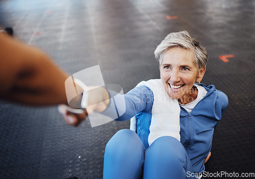 Image of Exercise, helping old woman and fitness with smile, workout and training for wellness, health and balance. Sports, mature female and senior citizen with happiness, help up from floor and support