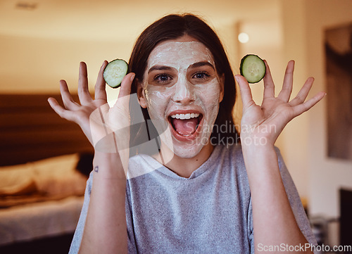 Image of Cucumber, portrait and skincare facial for woman in a bedroom, grooming and having fun with skin treatment. Face, mask and girl relax with fruit product, hygiene and beauty, wellness or detox at home