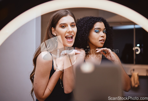 Image of Women, beauty or makeup influencers for smartphone blog, live streaming or social media app for night out cosmetics. Happy, friends or cosmetics content creator on mobile technology or bonding vlog