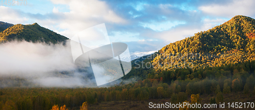 Image of Panoramic picture of sunrise in Altai mountains