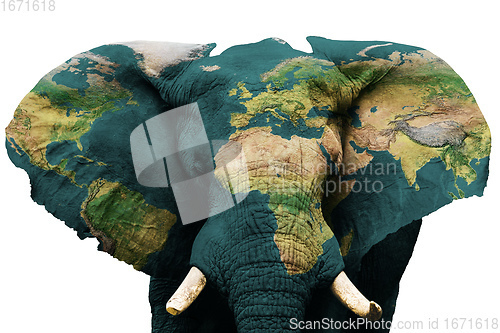 Image of Isolated image of elephant with earth painted on skin.