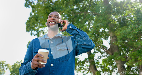 Image of Phone, outdoor and black man with job opportunity, career news and online networking ideas, vision and goals. Happy business person, coffee break and smartphone for news, feedback or mobile chat app