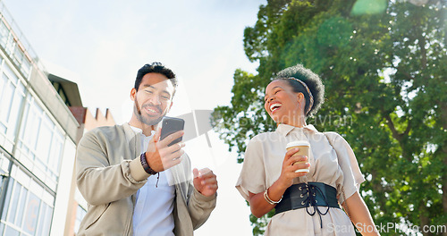 Image of Businessman, woman and phone on outdoor walk to work for coffee cup, social media or comic meme. Man, business people and walking for conversation, support or happy with excited smile on urban street