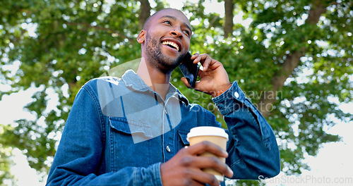 Image of Phone, outdoor and black man with job opportunity, career news and online networking ideas, vision and goals. Happy business person, coffee break and smartphone for news, feedback or mobile chat app