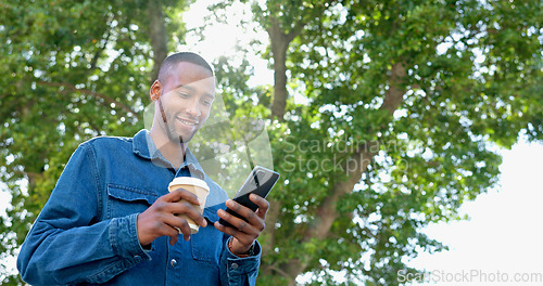 Image of Phone, outdoor and black man with job opportunity, career news and online networking ideas, vision and goals. Happy business person, coffee break and smartphone for news, feedback or mobile chat app