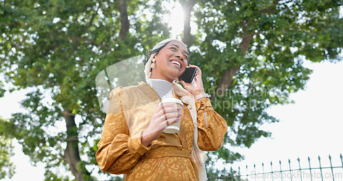 Image of Phone call, park and business woman networking for opportunity, job schedule or coffee break smile. Happy gen z person on 5g smartphone conversation, discussion or talking on online chat below trees