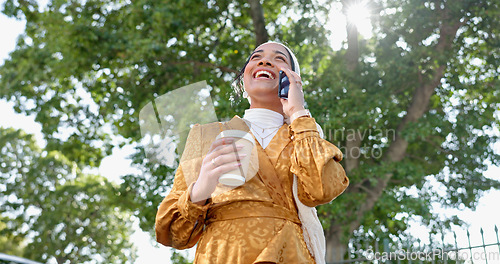 Image of Phone call, park and business woman networking for opportunity, job schedule or coffee break smile. Happy gen z person on 5g smartphone conversation, discussion or talking on online chat below trees