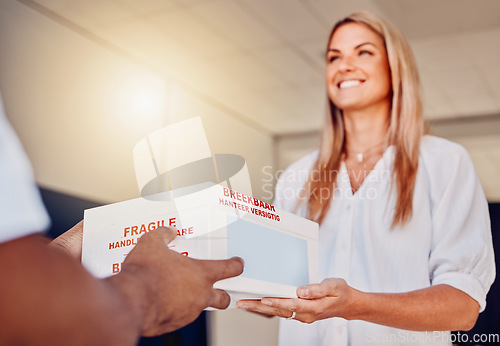 Image of Customer, medicine or receiving courier box in house or home from medical supply chain, logistics or healthcare ecommerce. Smile, happy or woman and deliveryman parcel, retail pills or wellness cargo