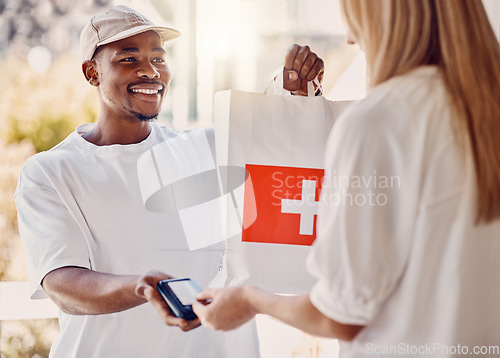 Image of Delivery, healthcare and people with package for online payment, ecommerce and fintech at home door. Courier services, telehealth and woman, patient or customer and bag for retail, medical medicine