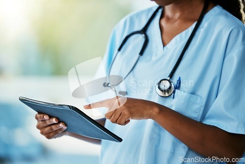 Image of Doctor hand holding tablet technology for research, healthcare software and hospital management app. Nurse, medical professional or expert person on digital tech for clinic data analysis or results