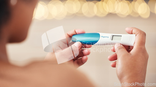 Image of Pregnancy test, woman and hands check results of medical information at home. Closeup, fertility stick or family planning for maternity wellness, pregnant hormone or ivf healthcare treatment for baby