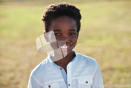 Image of Child is happy in portrait, smile in park with adventure and travel, outdoor with family day in nature mockup. Happiness in childhood, African American kid on field for fun and wellness with freedom