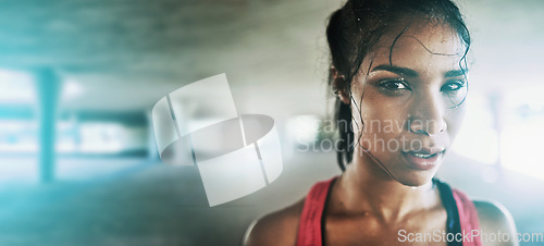 Image of Fitness, woman in portrait with face and mockup space, exercise and runner outdoor with wellness and energy. Intense, sweat and cardio with run, body workout and sports motivation in parking lot