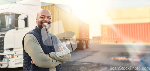 Image of Man, portrait and arms crossed by truck, container stack and happy for transport job. Driver, smile and shipping cargo freight with happiness in transportation service, stock delivery or supply chain