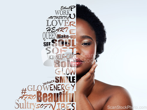 Image of Black woman, face and quotation with motivation poster with beauty and portrait isolated on white background. Quote overlay with inspiration, skincare and wellness, creative and skin glow in studio