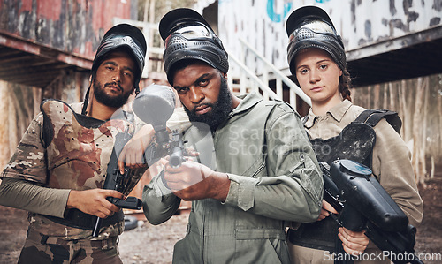 Image of Military, training and portrait of group with paintball gun for game, battle and extreme sports, serious and mindset. Army, people and sport team of diversity, attitude and ready for target practice