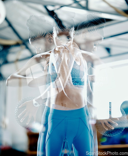 Image of Sports, training and double exposure of woman in fitness speed, fast workout and ball with focus in gym. Exercise, pilates or professional athlete moving, action and energy health, wellness and body