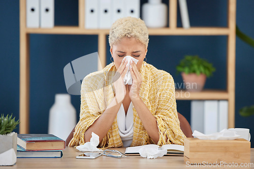 Image of Work, covid and woman at desk tissue paper blowing nose, tired and overworked from flu or cold. Sick, exhausted and office employee with allergy or health risk from illness, burnout or sinus problem.