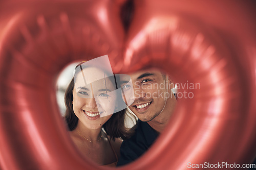 Image of Valentines day heart, balloon and young couple portrait celebrate love, happiness and care. Red balloons, present and romance of a happy Asian woman and man from Peru together with a smile on a date