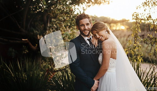 Image of Wedding, love and portrait of couple in garden for marriage, ceremony celebration and commitment. Save the date, trust and bride and groom hug, embrace and happy for romance, loving and peace in park