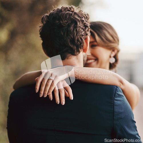 Image of Couple hug outdoor, wedding and marriage with love and relationship commitment, partnership and respect. Life partner, happiness and groom with bride hands and ring, loyalty with happy people