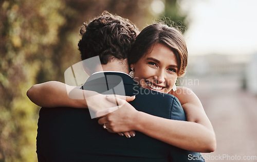 Image of Couple hug outdoor, love marriage and commitment, wedding day with partnership and respect. Life partner, happiness and groom with bride smile and loyalty with happy people, trust and support