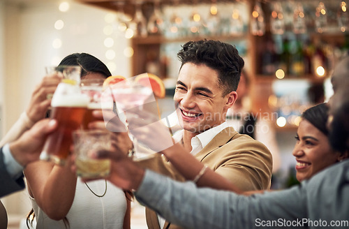 Image of Friends, cheers and diversity in celebration in restaurant, party and happiness together for valentines day. Love, friendship and toast, happy hour social event, people smile at pub for drinks date.