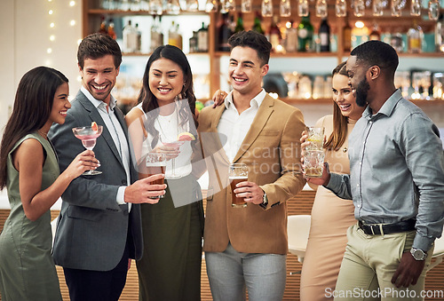 Image of Friends with drinks, alcohol and relax, celebration with social time and people together at event or happy hour. Happiness, fun and celebrate, cocktails and gathering with diversity in group