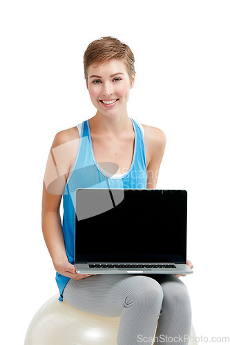 Image of Blank laptop, fitness and woman isolated on a white background on a balance ball and pc screen mockup. Smile of person portrait with computer mock up space and advertising or product placement studio