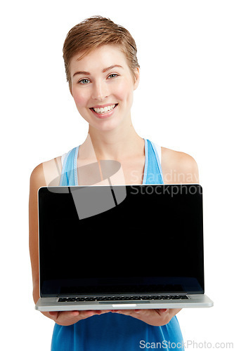 Image of Blank laptop, portrait and woman isolated on a white background with mockup space for product placement. Happy young model or person face with computer screen or mock up for advertising in a studio