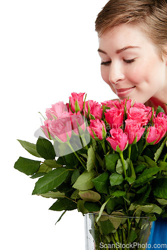 Image of Woman smelling roses, nature and bouquet with gift for Valentines day, peace and calm isolated on white background. Love, celebration and natural fragrance with present to celebrate holiday