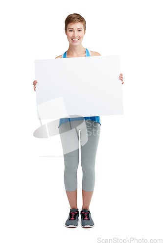 Image of Announcement, news and portrait of a woman with a board isolated on a white background in studio. Billboard, branding and girl holding a blank mockup banner with space for advertising on a backdrop