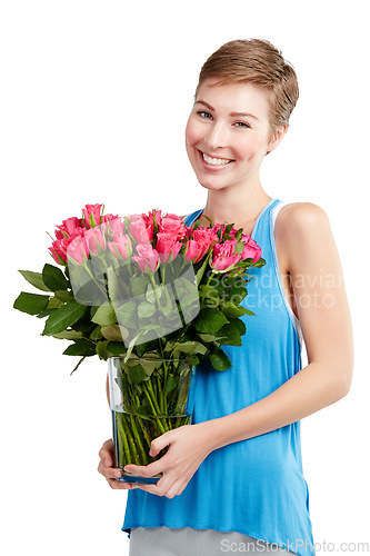 Image of Woman, smile and roses in portrait, happy with Valentines day gift and love, nature isolated on white background. Face, beauty and romance with celebrate holiday or anniversary with flowers in studio