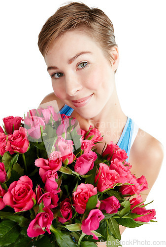 Image of Woman, face and rose bouquet in portrait, Valentines day gift and love, nature zoom isolated on white background. Smile, beauty and happy, romance and celebrate holiday or anniversary in studio