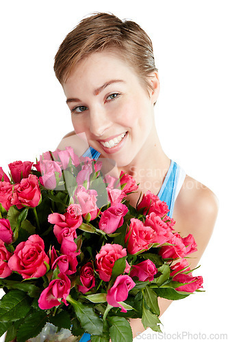 Image of Woman, happy and rose bouquet in portrait, Valentines day gift and love, nature zoom isolated on white background. Face, beauty and smile, romance and celebrate holiday or anniversary in studio