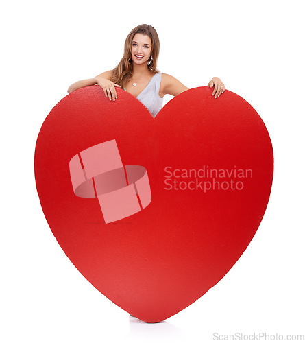 Image of Love, heart and woman on valentines day with a big gift, object or romantic product isolated in studio white background. Portrait, emoji and icon by female happy, smile and symbol for care
