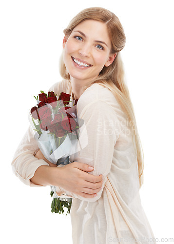 Image of Portrait, woman and bouquet of roses, smile and loving with girl isolated on white studio background. Face, female and lady with flowers, florals and happiness for Valentines day, dating and happy