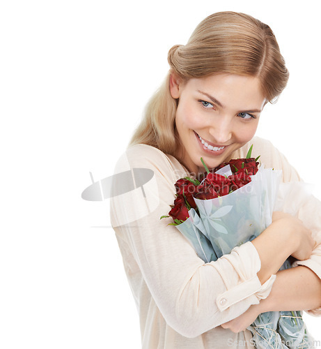 Image of Happy, roses and woman on valentines day with a gift and mockup space isolated in studio white background. Young, excited and female with a bunch of flowers or bouquet as a present for happiness