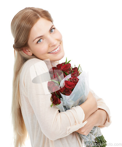 Image of Woman hug roses, smile in portrait with gift for Valentines day, love and nature isolated on white background. Happiness, romance and female with red bouquet, holiday celebration and happy in studio