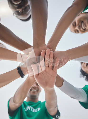 Image of Teamwork, volunteer and support with hands of people for sustainability, environment and climate change. Recycling, earth day and charity with friends and stack for diversity, energy and pollution