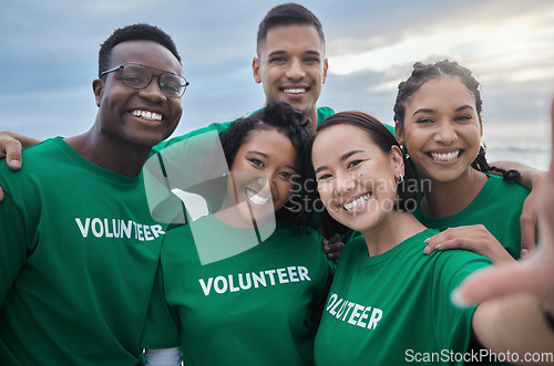 Image of Happy, selfie and volunteer with people on beach for sustainability, environment and climate change. Recycling, earth day and social media with friends and teamwork for charity, energy and pollution