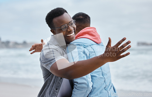 Image of Hug, greeting and friends at the beach happy, excited and embracing on nature, mockup and background. Men, hello and cheerful guys hugging, joy and embracing on a trip for reunion at the sea together