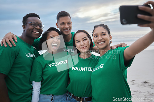 Image of Teamwork, selfie and recycling with people on beach for sustainability, environment and climate change. Phone, earth day and social media with volunteer and phone for technology, energy and pollution