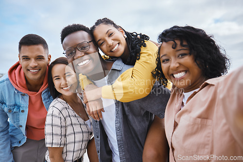 Image of Selfie, diversity and portrait of friends on a vacation while having fun together on weekend trip. Freedom, smile and happy group of multiracial people taking a picture while on adventure on holiday.
