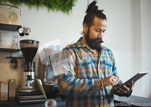 Image of Tablet work, barista and cafe owner working on digital retail shop design for business. Coffee shop waiter, ecommerce and man planning a restaurant web page for online shopping and networking