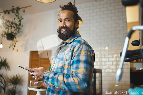 Image of Coffee shop, phone and portrait of a man ordering a latte or espresso in the morning with a breakfast. Happy, smile and male with a cellphone to order a cappucino in cafe or restaurant in Puerto Rico