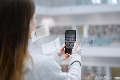 Image of Phone, photography and student in library for research update, social media post or content creation at university. Influencer woman or person with smartphone screen for live streaming campus design