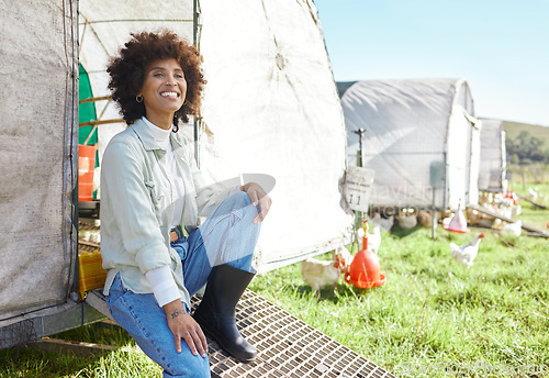 Image of Agriculture, farming and portrait of black woman on chicken barn or land for sustainability or free range food industry. Sustainable, small business owner or farmer person with animal in countryside