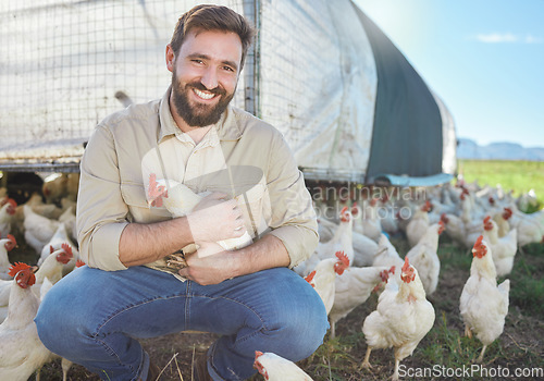 Image of Chicken, portrait and farmer on livestock farm for sustainable, agriculture and environmental farming. Eco friendly, organic and agro man with poultry animal for his industry business in countryside.