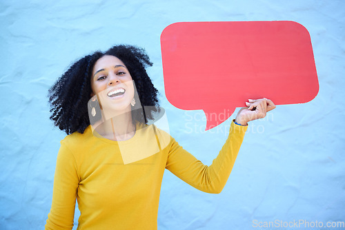 Image of Portrait, speech bubble and black woman in studio for advertising, mockup and space on blue background. Face, girl and billboard, branding and paper for product placement, marketing and copy space